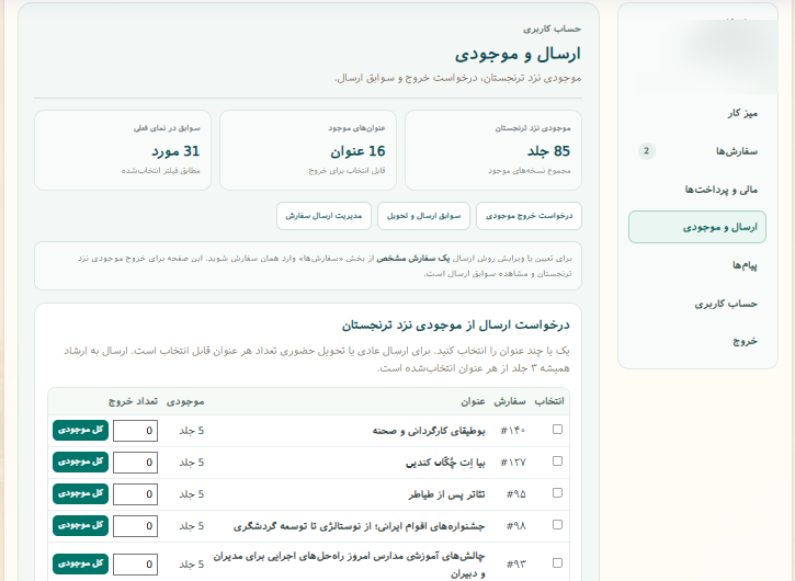 نمای کلی ارسال و موجودی کتاب‌ها